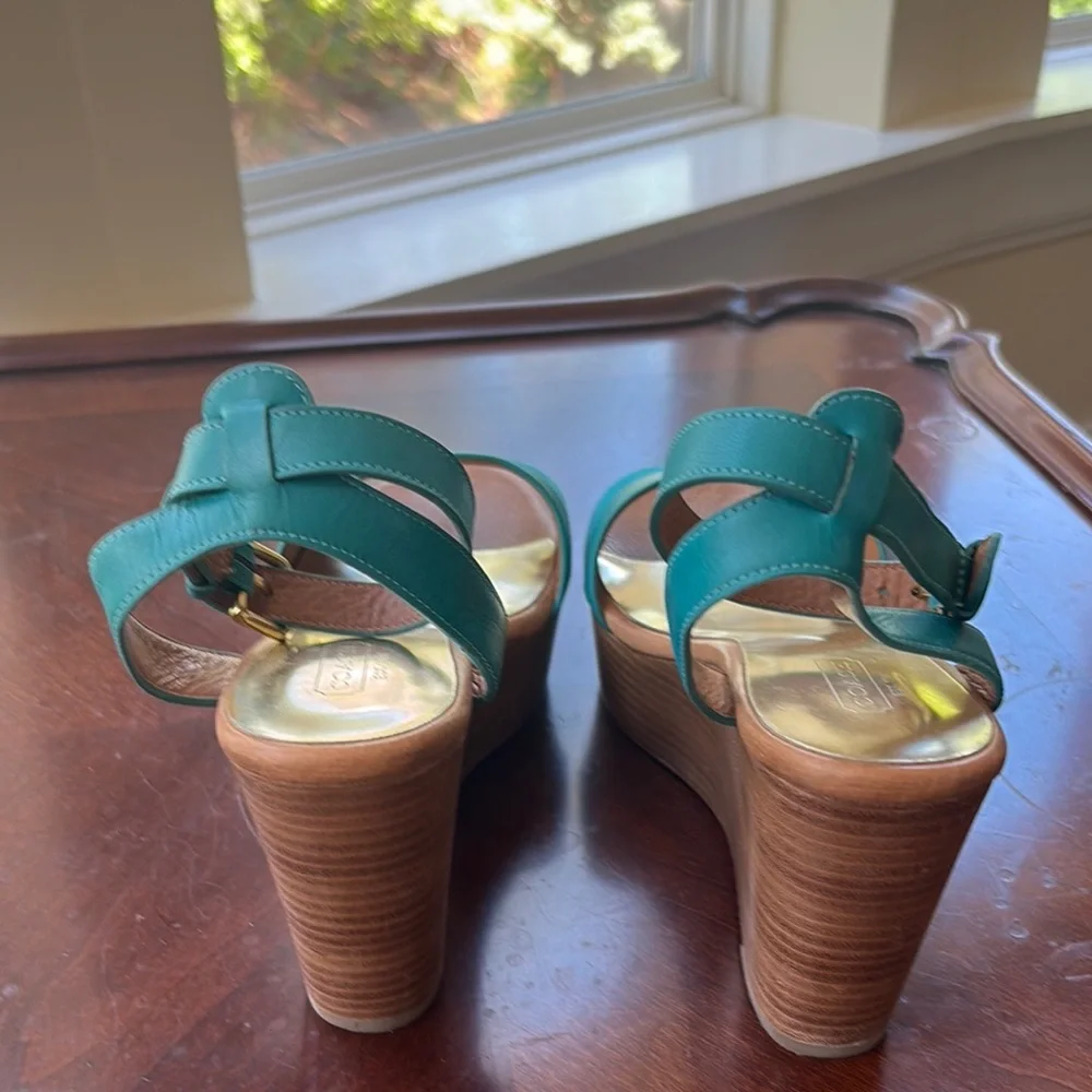 Coach Blue and Brown Wedge Sandals - Picture 2 of 4